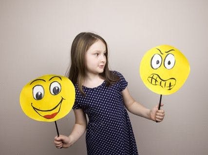 girl with happy and mad face posters